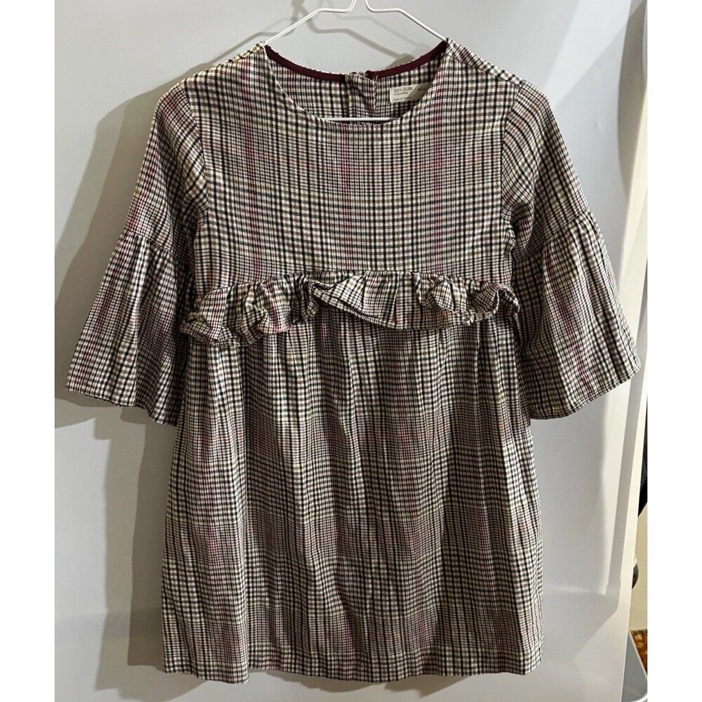 Zara Girls Plaid A-Line Knee Dress 3/4 Sleeve Ruffle  Sz 10 100% Cotton